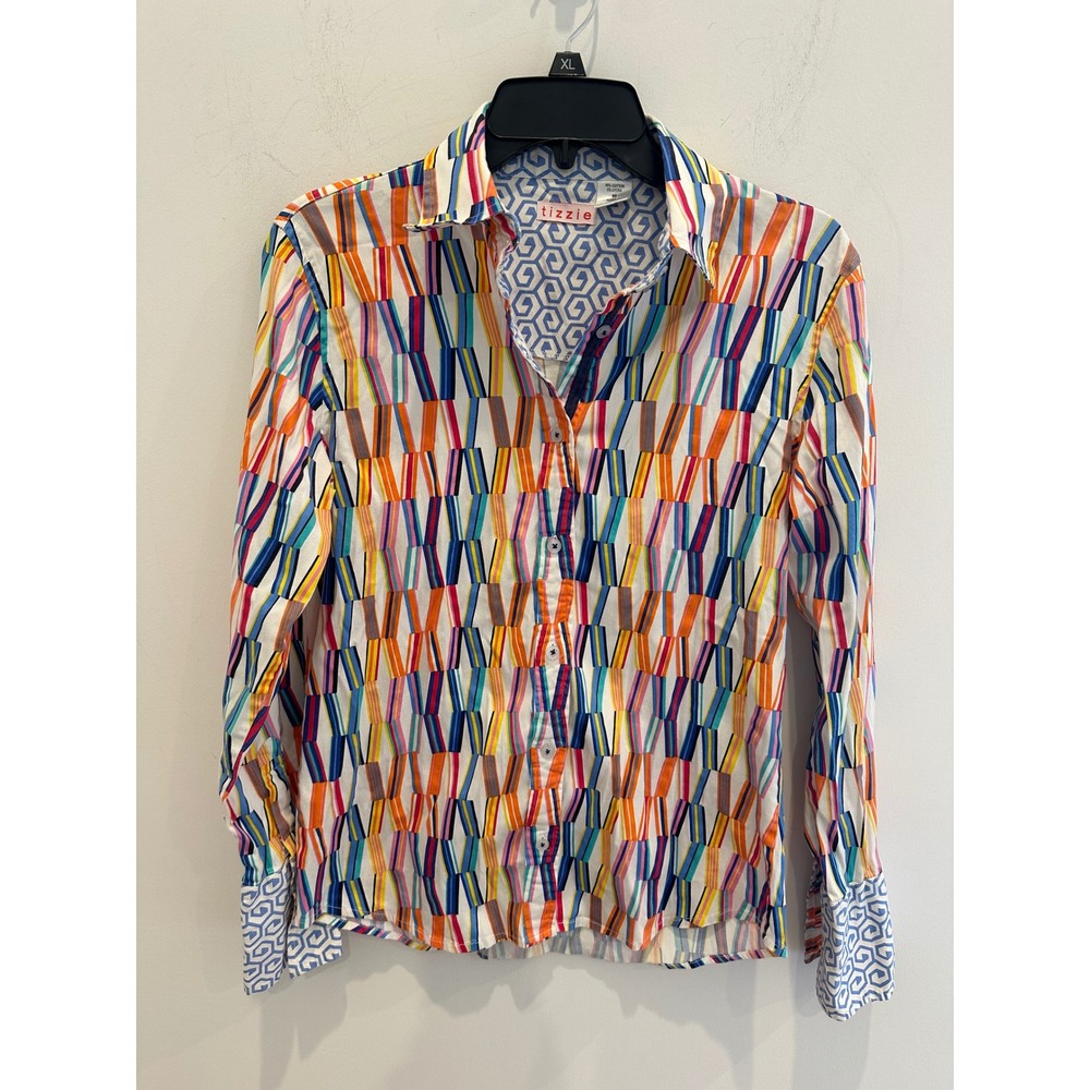 Tizzie Womens Multicolor Geometric Chevron Cotton Stretch Button Up Shirt Size M